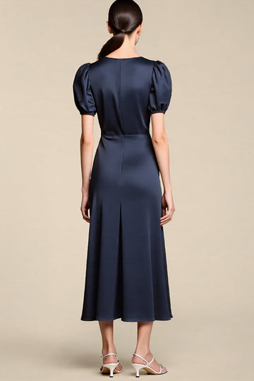 Navy Satin Sheath Long Formal Dress with Sleeves